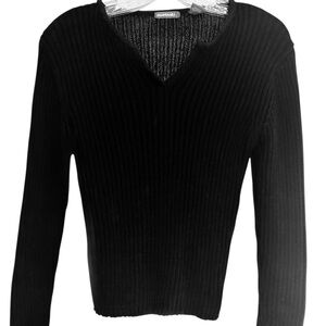 Outlooks Black Ribbed V-Neck Long Sleeve Cropped 100% Cotton Sweater Medium